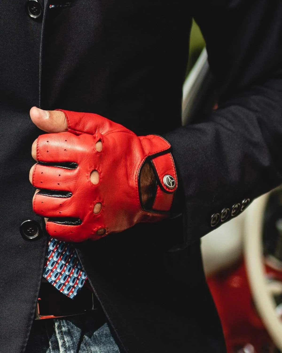 AUTHENTIC RACE MK2 - Fingerless Leather Driving Gloves - Red/Black