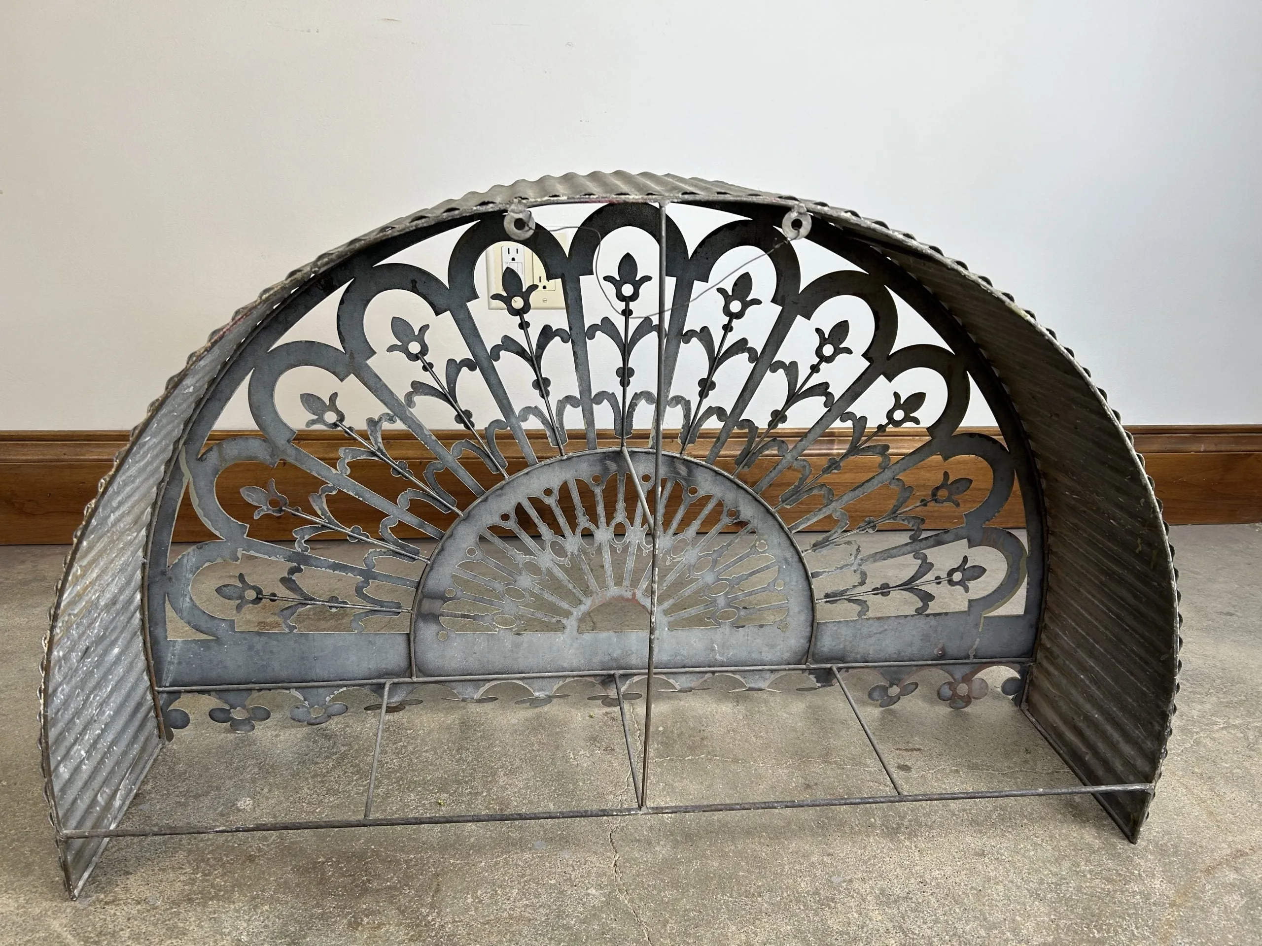Decor, Corrugated Metal Fan Shape with Filigree, Rustic