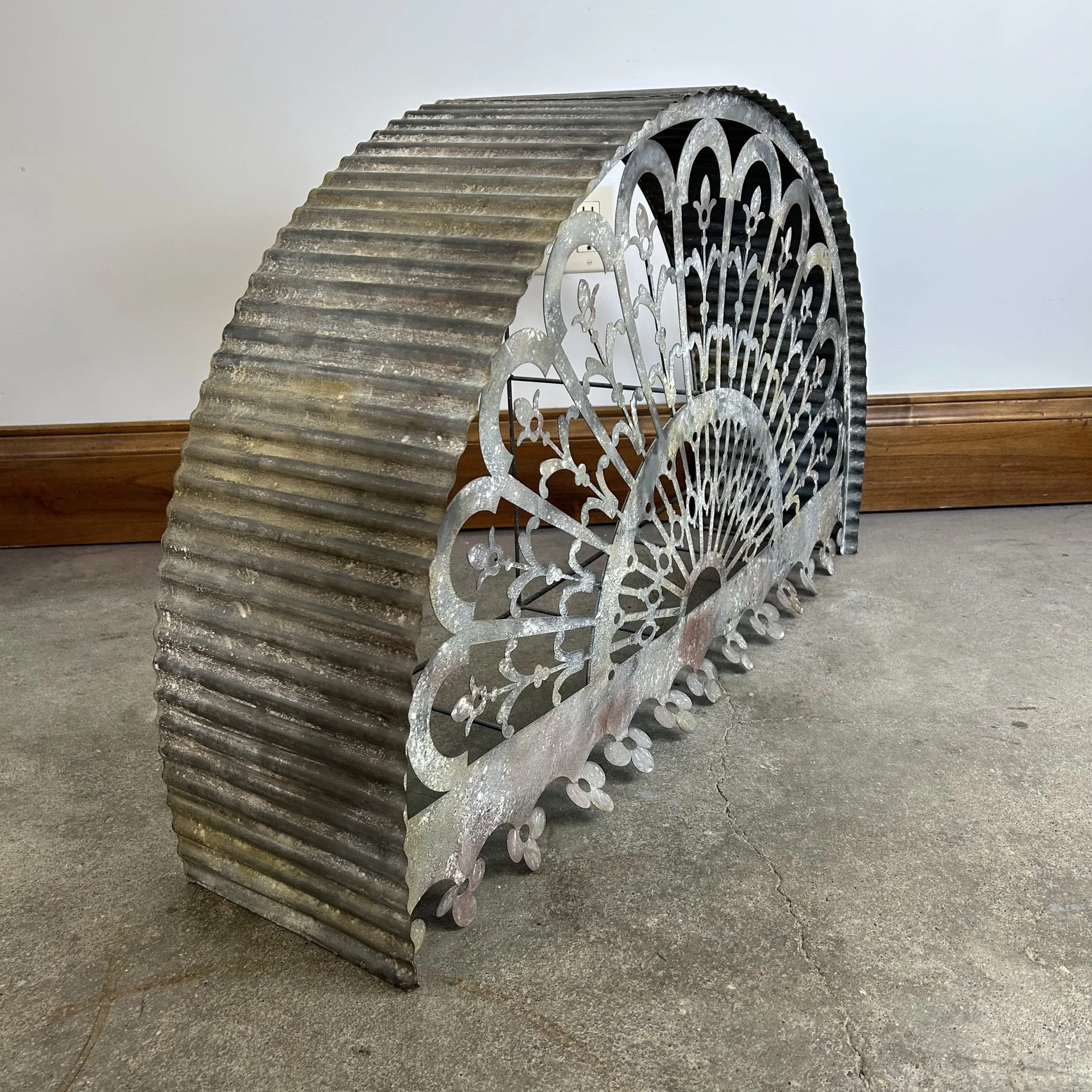 Decor, Corrugated Metal Fan Shape with Filigree, Rustic