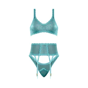 Magic Silk Soft Petals Floral Mesh Bralette with Waist Cincher, Garter Straps & Cheeky Panty Aqua