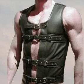 Mens Steampunk Black Leather Corset Vest GOTH