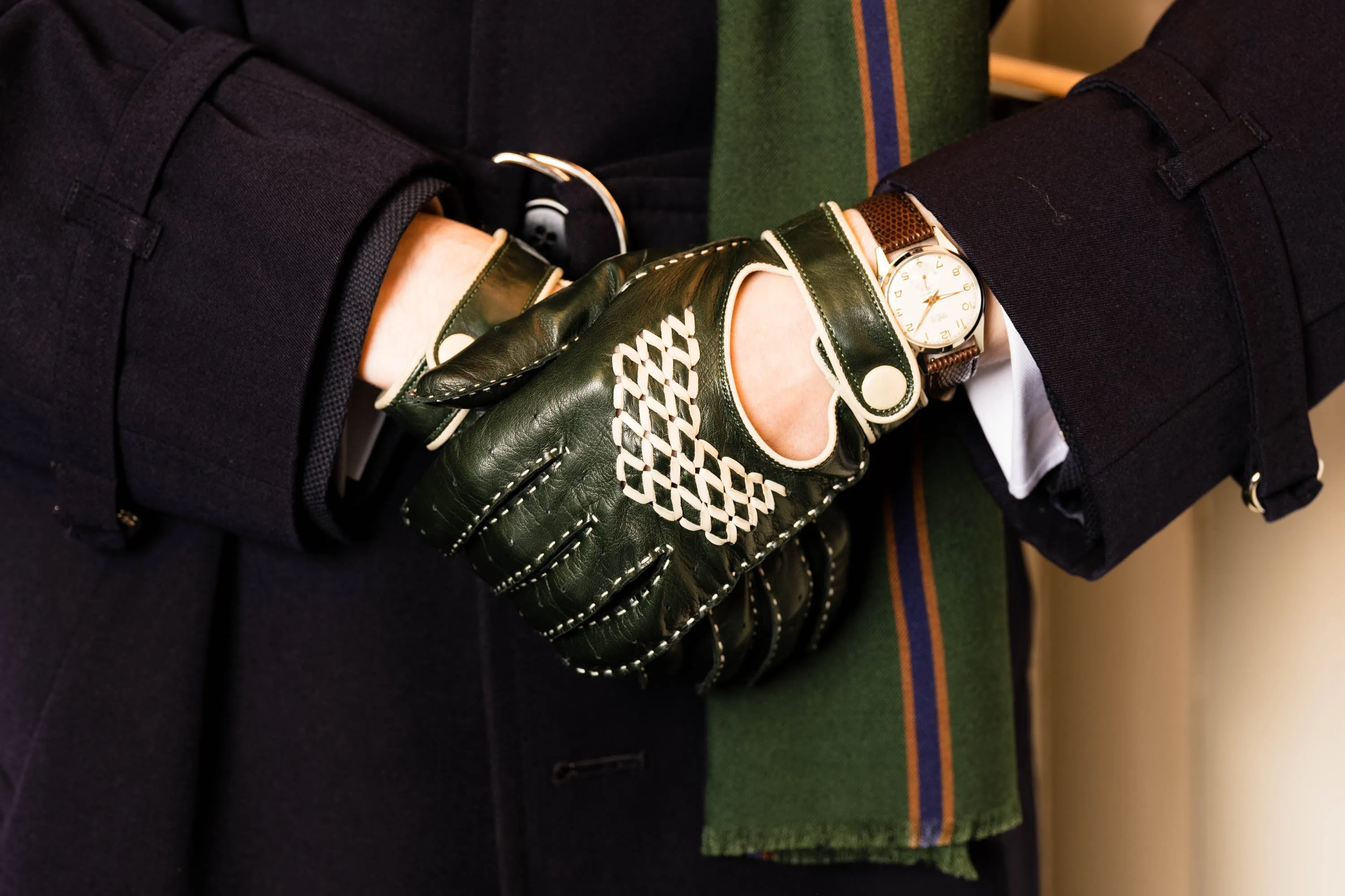 Racing Green & Cream Leather Driving Gloves