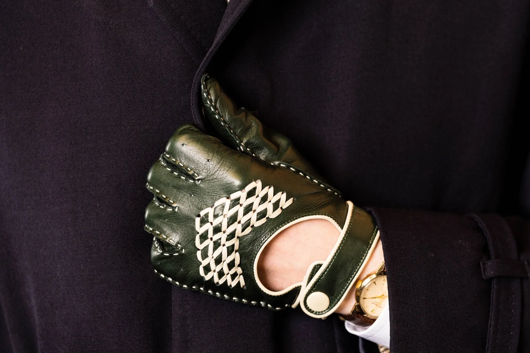 Racing Green & Cream Leather Driving Gloves