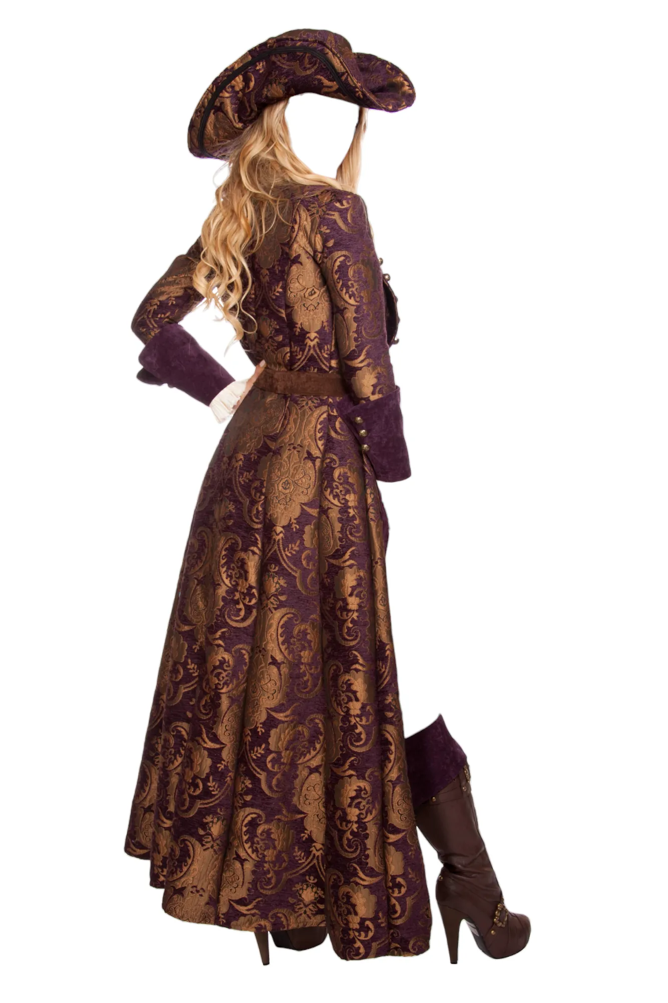 Roma Costume 6 PC Decadent Pirate Diva Long Brocade Jacket & Waist Cincher Costume Set Brown